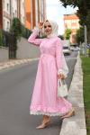 Kol  Dantel Detaylı  Kareli Elbise Pembe HTN676