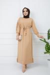 Kol Dantel ve İnci Detaylı Elbise Camel TCN988