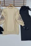 Kol desenli iki iplik tunik Bej ADY3017