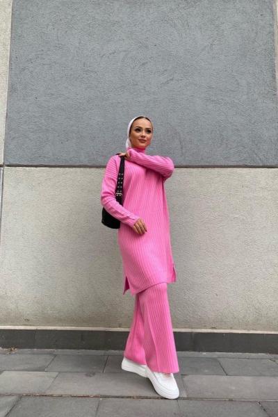 Kol düğmeli çizgili Triko Takım Pembe TCN1202