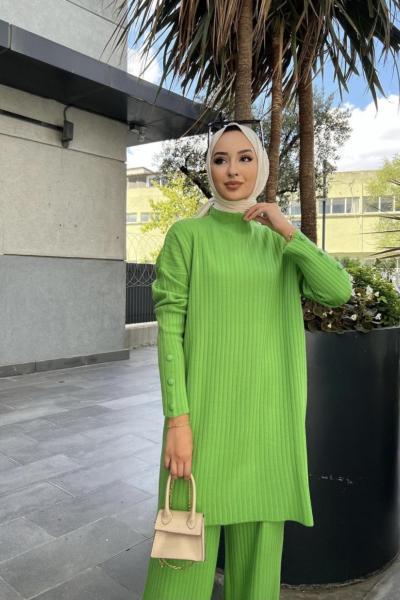 Kol düğmeli çizgili Triko Takım Bebe Çimen yeşili  TCN1202