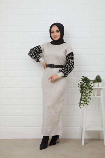 Kol Ekose Triko Elbise Bej HBS852
