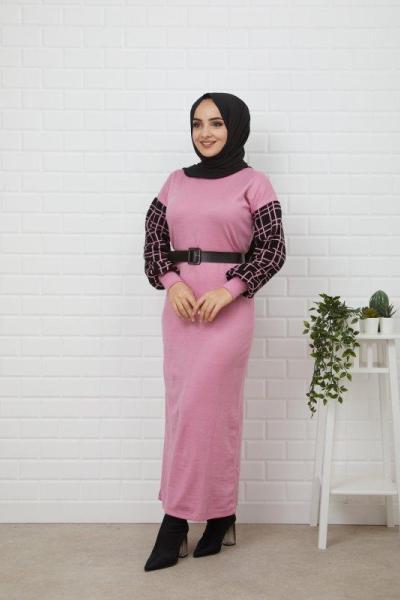 Kol Ekose Triko Elbise Pembe  HBS852