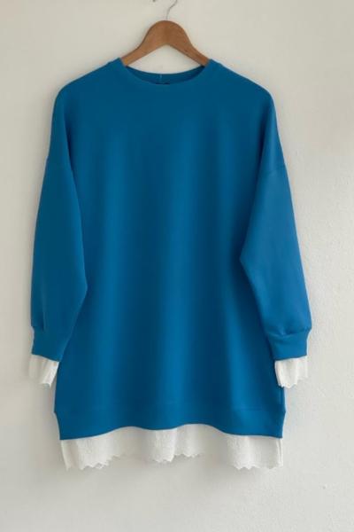 Kol etek ucu dantelli tunik Mavi LT30158