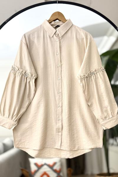 Kol fırfırlı Taş İşlemeli Tunik Bej  NV4526