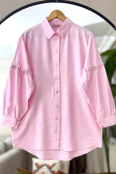 Kol fırfırlı Taş İşlemeli Tunik Pembe  NV4526