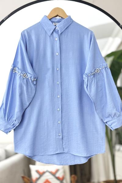 Kol fırfırlı Taş İşlemeli Tunik Mavi  NV4526