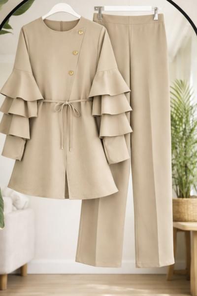 Kol fırfırlı takım Bej  TB8048