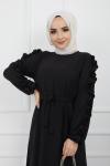 Kol fırfırlı Ayrobin Kumaş Elbise Siyah TBT928