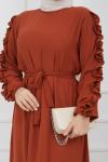Kol fırfırlı Ayrobin Kumaş Elbise Tarçın  TBT928