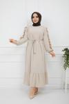 Kol fırfırlı Ayrobin Kumaş Elbise Bej  TBT928