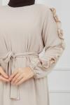 Kol fırfırlı Ayrobin Kumaş Elbise Bej  TBT928