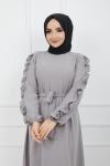 Kol fırfırlı Ayrobin Kumaş Elbise griy    TBT928