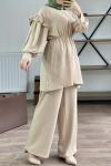 Kol fırfırlı bel lastikli Ayrobin Kumaş Takım Bej TCN1000