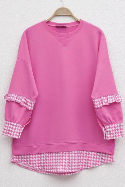 Kol fırfırlı etekucu ribanalı  tunik Pembe SLT30159