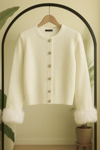 Kol kürklü yumoş kısa hırka Ekru SLT8040