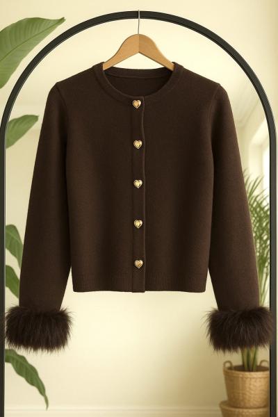 Kol kürklü yumoş kısa hırka Kahverengi SLT8040