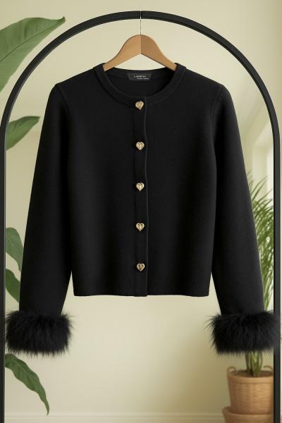 Kol kürklü yumoş kısa hırka siyah  SLT8040