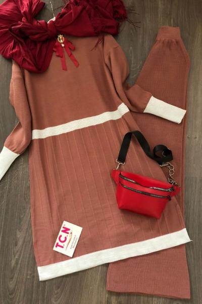 Kol Manşet Simli Triko Tunik Gül TCN1220