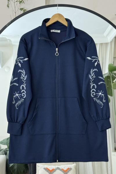 Kol Nakış İşlemeli Fermuarlı tunik Lacivert DS2051