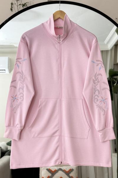 Kol Nakış İşlemeli Fermuarlı tunik Pembe DS2051