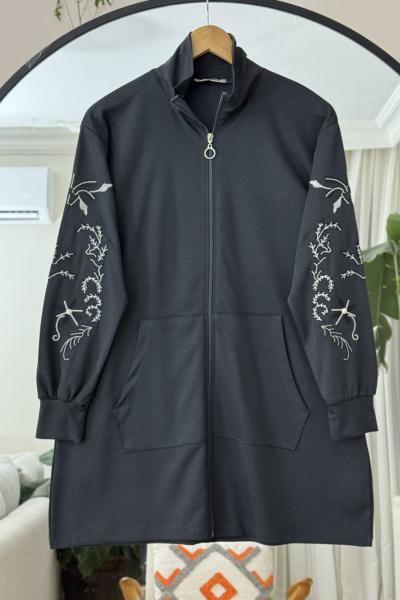 Kol Nakış İşlemeli Fermuarlı tunik Siyah DS2051