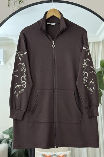 Kol Nakış İşlemeli Fermuarlı tunik  Kahve DS2051