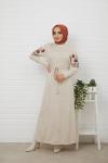 Kol Nakış İşlemeli Triko Elbise Bej HBS853