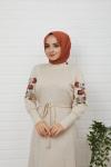 Kol Nakış İşlemeli Triko Elbise Bej HBS853
