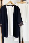 Kol nakış işlemeli keten kumaş kimono siyah FİX1613