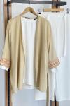 Kol nakış işlemeli keten kumaş kimono camel  FİX1613