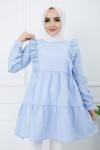 Kol  ön dantel detaylı keten tunik Mavi  PNK979
