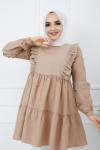 Kol  ön dantel detaylı keten tunik Camel    PNK979
