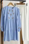 Kol ön nakış işlemeli keten tunik mavi PNK1589