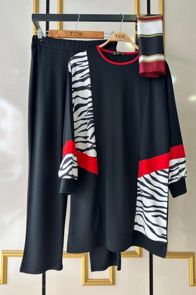 Kol ön zebra desen scuba takım Siyah TCN4040
