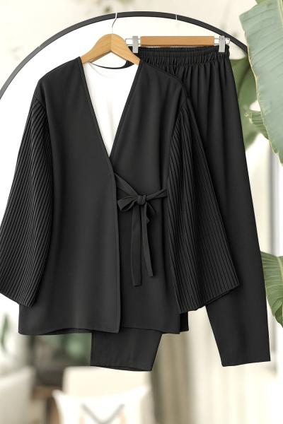 Kol piliseli yandan bağlamalı tesettür Takım siyah  YR30530