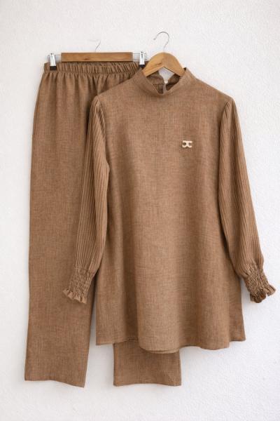 Kol Piliseli Keten kumaş takım vizon   NSY30211