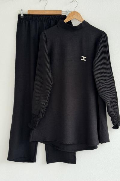 Kol Piliseli Keten kumaş takım Siyah NSY30211