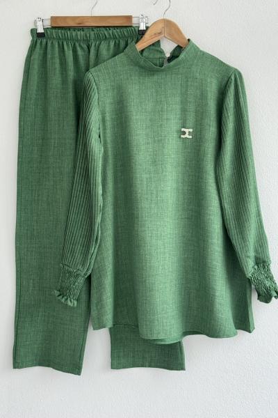 Kol Piliseli Keten kumaş takım Yeşil  NSY30211