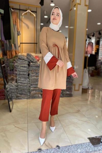 Kol Renkli Şeritli Takım Bej TCN 694