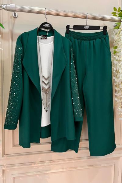 Kol Taş işlemeli şalyaka İkili takım Yeşil  UMS50126