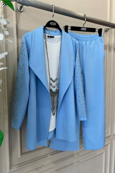 Kol Taş işlemeli şalyaka İkili takım Mavi  UMS50126