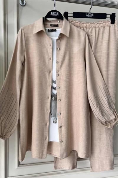 Kol Taş işlemeli Keten Kumaş Takım Bej UMS50128