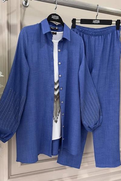 Kol Taş işlemeli Keten Kumaş Takım İndigoUMS50128