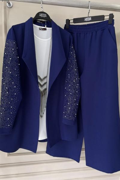 Kol Taş işlemeli şalyaka İkili takım indigoUMS50126