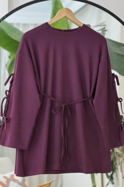 Kol üç biyeli Seyyar Kuşaklı Tunik Mürdüm BK9523