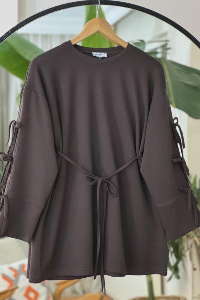 Kol üç biyeli Seyyar Kuşaklı Tunik Kahverengi BK9523