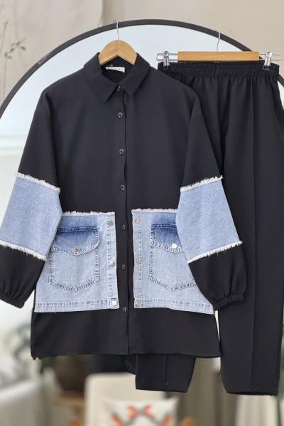 Kol ve Cepleri Kot Detaylı Takım Siyah YRN30521