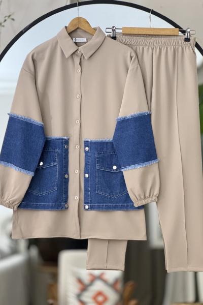 Kol ve Cepleri Kot Detaylı Takım Bej YRN30521