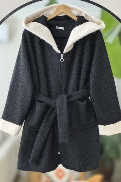 Kol ve kapşon Parcalı fermuarlı uzun kap Siyah UMS50327